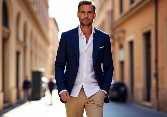 Uomo con giacca destrutturata blu in contesto casual chic