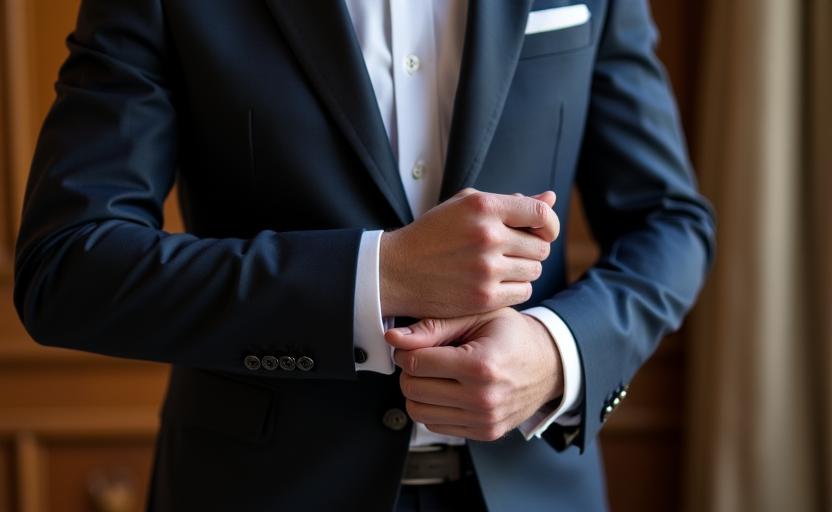 Sposo elegante che sistema i polsini della camicia su misura